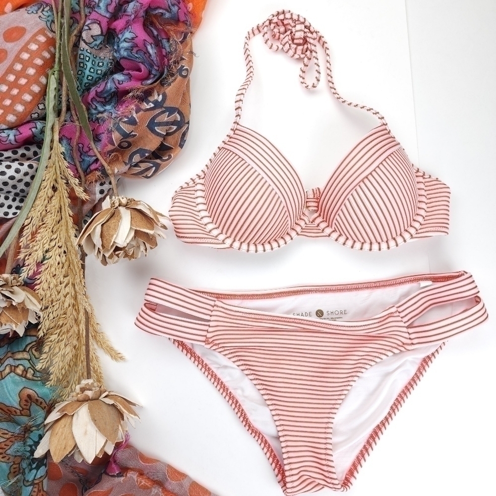 New Shade & Shore st Stripe Two Piece Swimsuit 32b Sz S - Picture 2 of 8